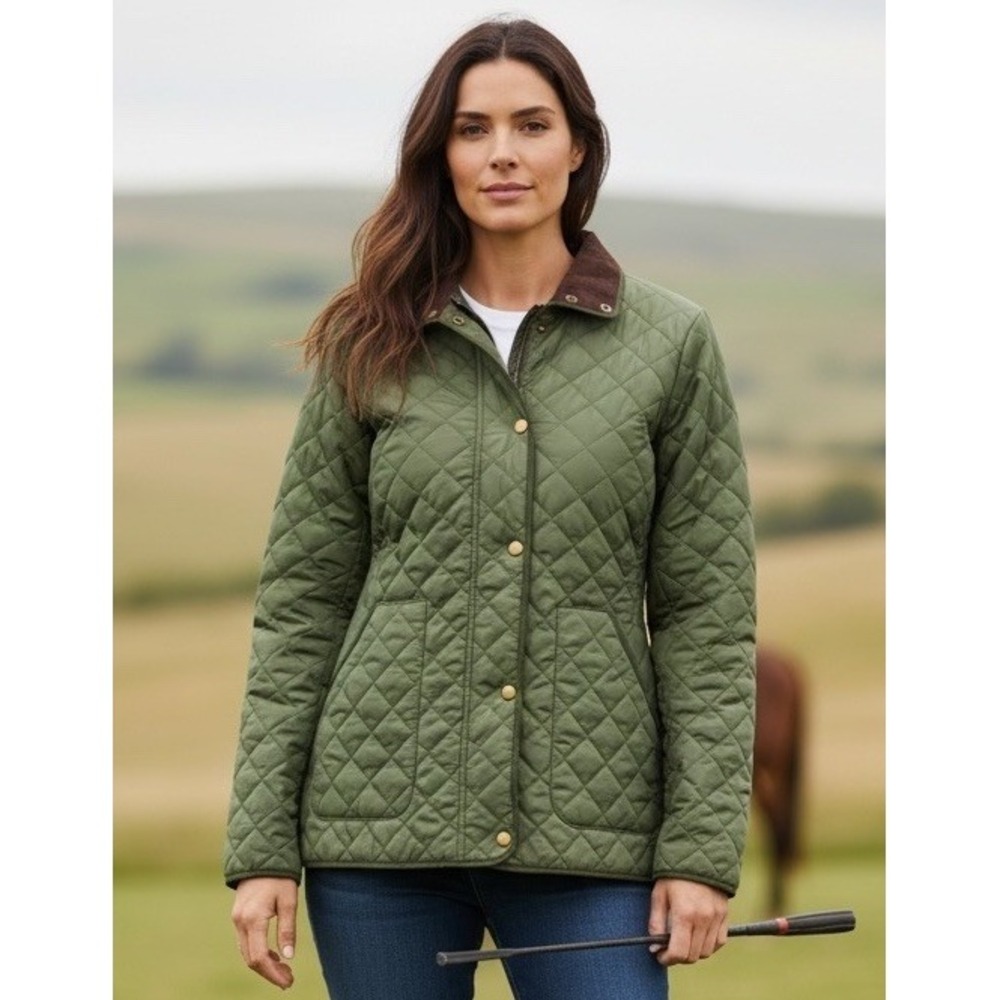 Lands End Women Quilted Jacket Green Primaloft Corduroy Collar Equestrian Small